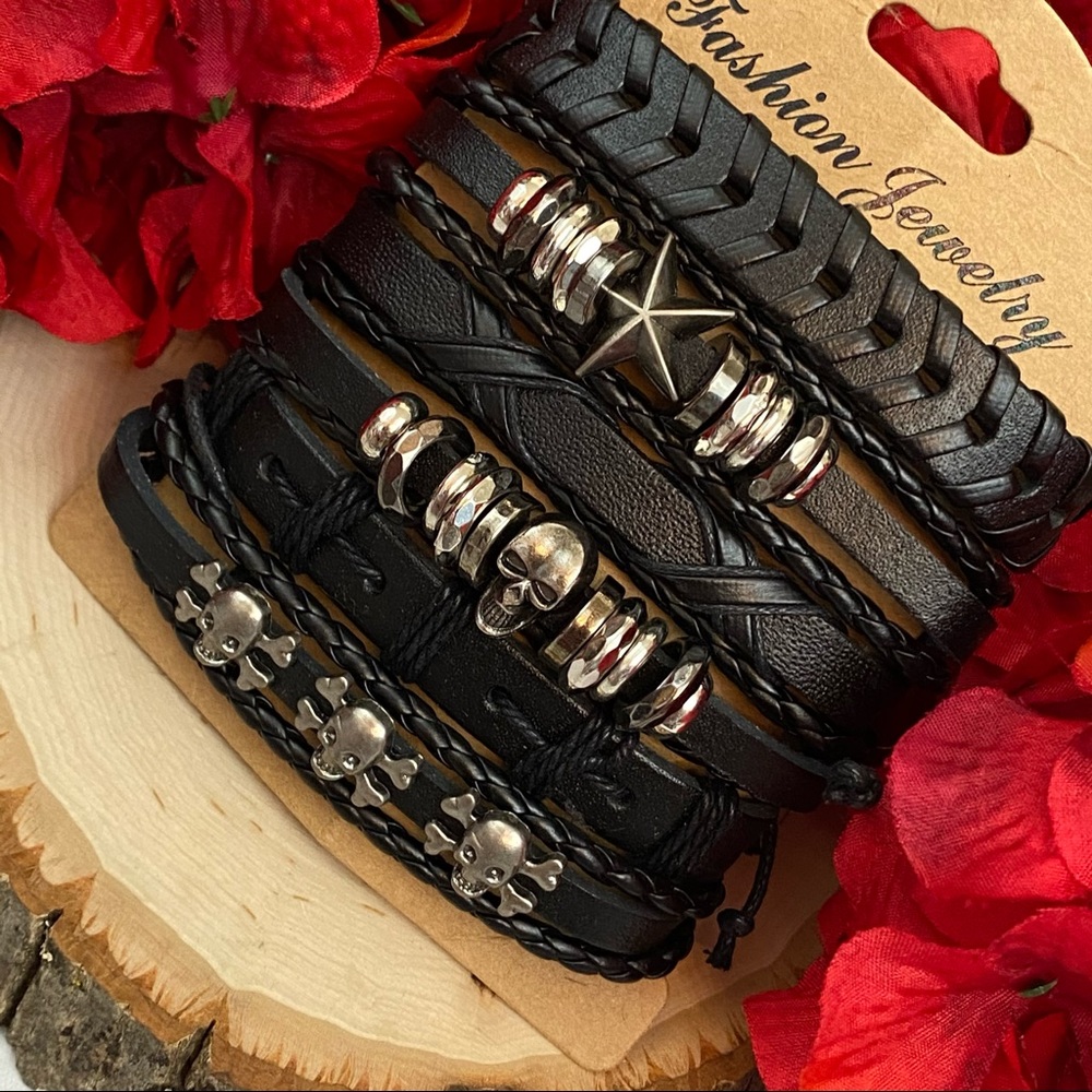 6 Pcs Set Punk Rock Skull Braided Leather Rope Bracelets - Picture 13 of 15